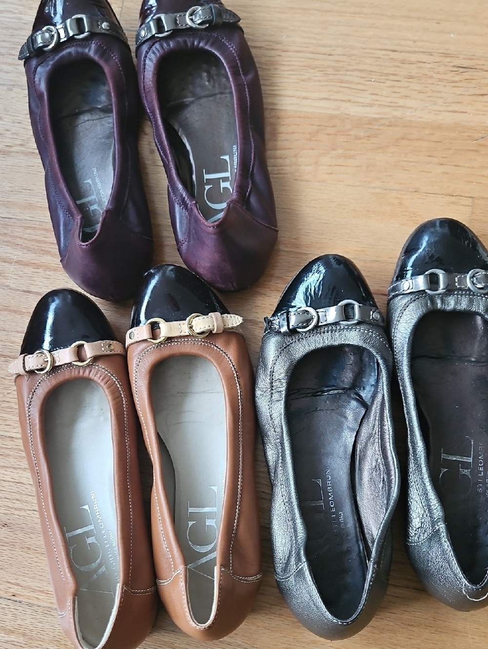 AGL Women's Leather Ballet Flats - Tan, Bronze, Burgundy
